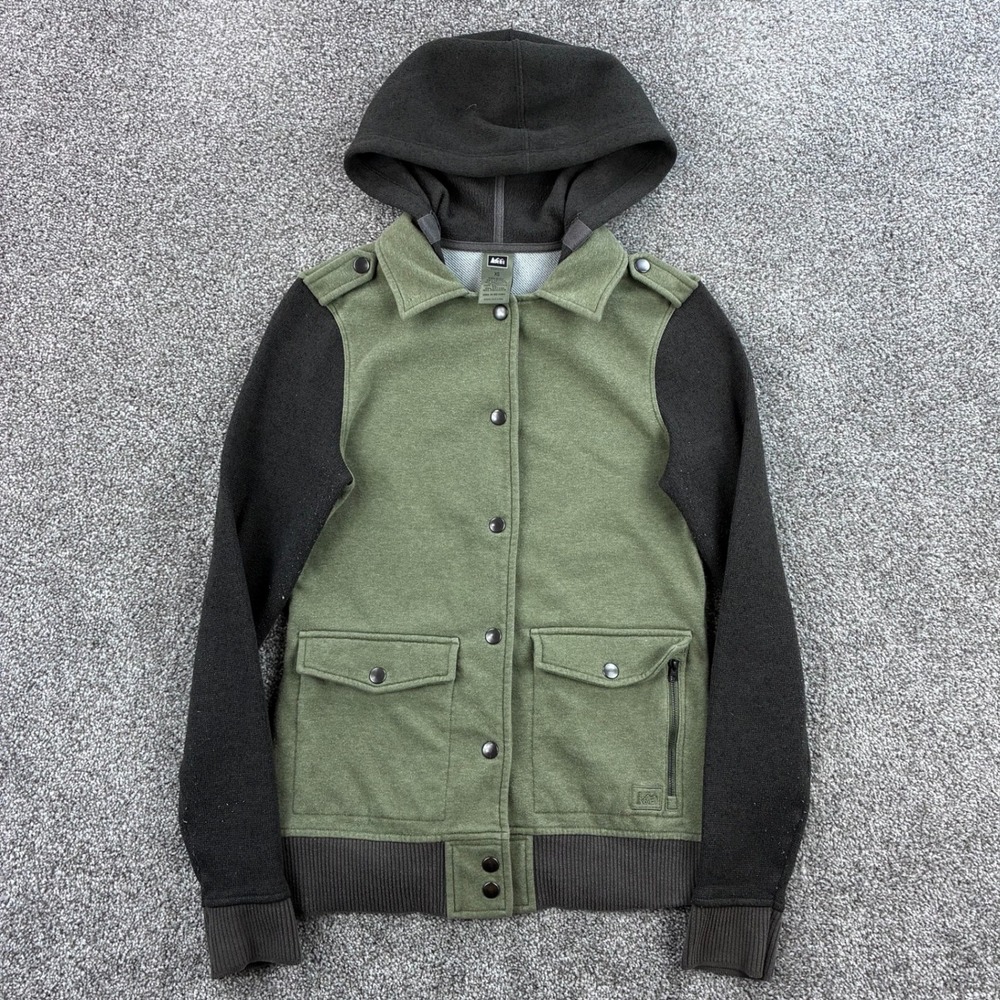 REI Jacket Women's XS Green Gray Hooded‎ Snap Front Sleeve Cotton Blend